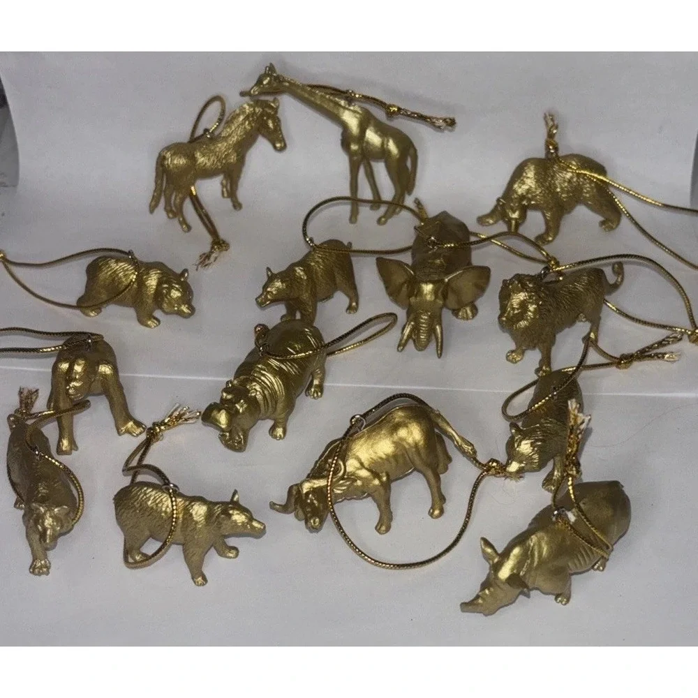 14 Vintage Miniture Gold Plastic Safari Barn Animals Christmas Ornaments 2